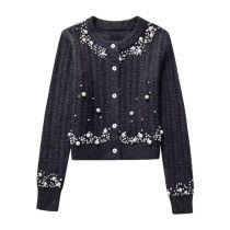 Fashion Black Polyester Beaded Knit Crew Neck Sweater