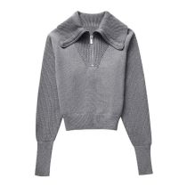 Fashion Grey Knitted Sweater With Zip