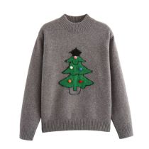 Fashion Grey Christmas Tree Jacquard Knit Sweater
