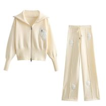 Fashion White Cashmere Cross-print Knitted Zipper Sweater Lace-up Trouser Suit