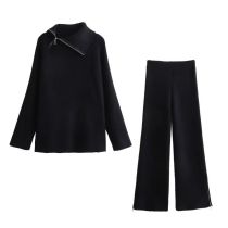 Fashion Black Cashmere Knitted Turtleneck Zipper Sweater Wide-leg Trousers Suit
