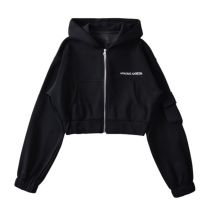 Fashion Black Polyester Zipper Hooded Sweatshirt