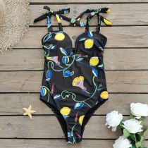 Fashion Lemon Print On Black Polyester Printed Strappy One-piece Swimsuit