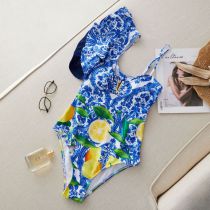 Fashion Lemon Print One-shoulder Ruffled Printed Swimsuit