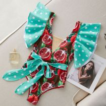 Fashion Red Pomegranate Green Dot Print Polyester Printed Ruffle One-piece Swimsuit