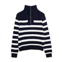Fashion Stripe Striped Knitted Zippered Stand-collar Sweater