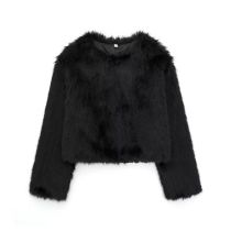 Fashion Black Fur Crew Neck Coat