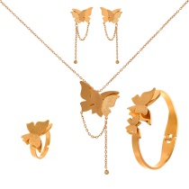 Fashion Gold Titanium Steel Sequin Butterfly Pendant Chain Necklace Earrings Bracelet Ring 5-piece Set