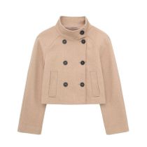 Fashion Khaki Wool Double-breasted Stand-collar Coat