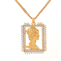 Fashion Golden 2 Titanium Steel Zircon Square Portrait Pendant Necklace