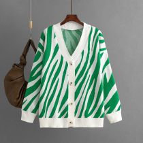 Fashion Green Zebra Print Knitted Buttoned Cardigan Jacket  Core Yarn