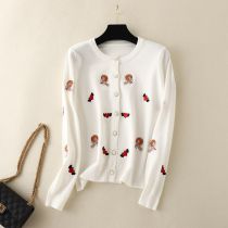 Fashion White Round Neck Embroidered Knitted Cardigan Jacket  Core Yarn
