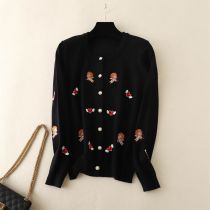 Fashion Black Round Neck Embroidered Knitted Cardigan Jacket  Core Yarn