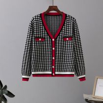 Fashion Red Houndstooth Colorblock Knitted Cardigan Jacket  Core Yarn