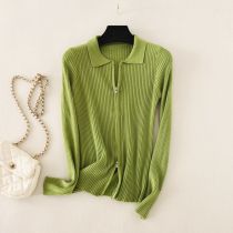 Fashion Green Knitted Lapel Zipper Bottoming Shirt  Core Yarn