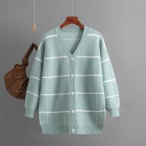 Fashion Gray Blue Knitted Buttoned V-neck Plaid Cardigan Jacket  Core Yarn