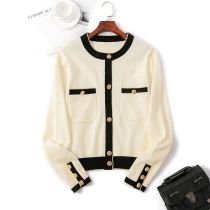 Fashion Apricot Knitted Contrast-breasted Cardigan Jacket  Core Yarn