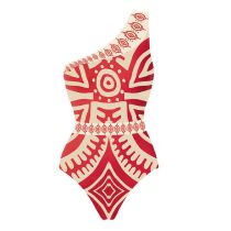 Fashion Red And White Swimsuit Polyester One-shoulder Printed Swimsuit
