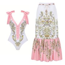 Fashion Lace-up Suit Polyester Printed One Piece Swimsuit Wrap Skirt Set
