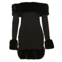 Fashion Black Fur Collar Long Sleeve Bateau Neck Evening Dress Short Skirt