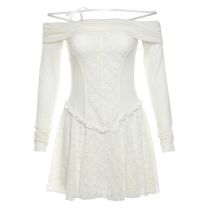 Fashion White Straight Neck See-through Lace Dress