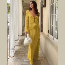 Fashion Yellow Hollow Knitted Swimsuit Cover-up Maxi Skirt
