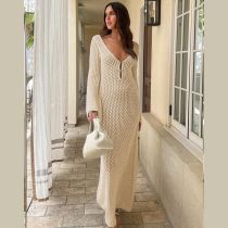 Fashion Beige Hollow Knitted Swimsuit Cover-up Maxi Skirt