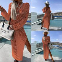 Fashion Orange Solid Color Hollow Knitted Swimsuit Cover-up Long Skirt