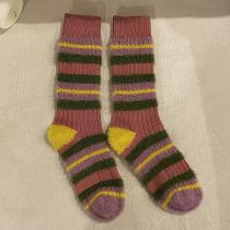 Fashion Pink Cotton Line Color-blocked Mink Mid-calf Socks