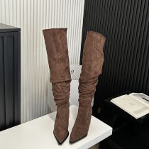 Fashion Brown Suede Pointed Toe Pleated High Boots