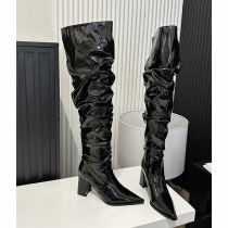 Fashion Black Pointed Toe Pleated High Boots