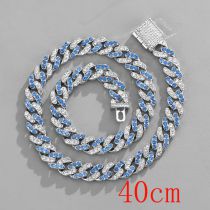 Fashion Necklace 16inch (40cm) 11mm White And Blue Cuban Chain Alloy Diamond Chain Necklace For Men