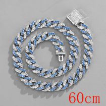 Fashion Necklace 24inch (60cm) 11mm White And Blue Cuban Chain Alloy Diamond Chain Necklace For Men
