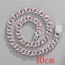 Fashion Necklace 16inch (40cm) 11mm Pink And White Cuban Chain Alloy Diamond Chain Necklace For Men