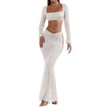 Fashion White Polyester Perm Top Fishtail Skirt Dress Suit