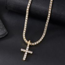 Fashion Golden Cross + 20inch Tennis Chain Alloy Diamond Cross Mens Necklace