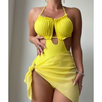 Fashion Yellow Polyester Halterneck Hollow One-piece Swimsuit Two-piece Set