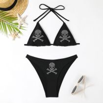 Fashion Black Rhinestone Skull Halterneck Lace-up One-piece Swimsuit Bikini