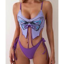 Fashion Purple Polyester Drawstring Lace-up Tankini Swimsuit Bikini