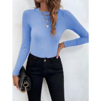Fashion Light Blue Crew Neck Knitted Long Sleeve Pullover Sweater