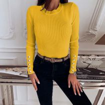 Fashion Yellow Polyester Knitted Long-sleeved Crew Neck Pullover With Buttons