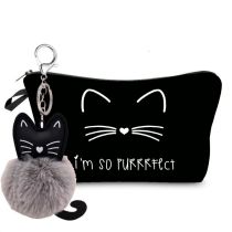 Fashion Black Polyester Cat Print Toiletry Storage Bag With Hanging Accessories