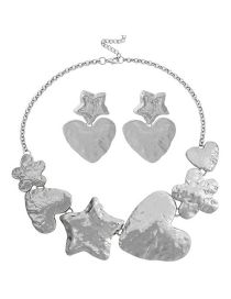 Fashion Silver Metal Irregular Geometric Pentagon Heart Heart Earrings Necklace Set