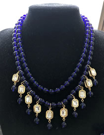 Fashion Blue Necklace Alloy Geometric Beaded Square Rhinestone Tassel Double Layer Necklace