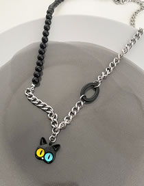 Fashion Necklace - Silver Alloy Geometric Beaded Chain Cat Necklace
