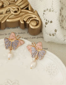 Fashion Fuchsia Alloy Drip Oil Butterfly Pearl Earrings