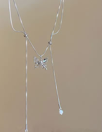 Fashion Necklace - Silver Zirconia Butterfly Pearl Pull-out Necklace