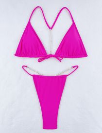 Fashion Rose Red Polyester Halter Neck Tie Pearl Beaded Two-piece Swimsuit