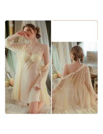 Fashion 2369 Champagne (gown) Polyester Lace See-through Suspenders Nightdress And Robe Set