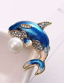 Fashion Blue Dolphin Alloy Diamond Drop Pearl Dolphin Brooch